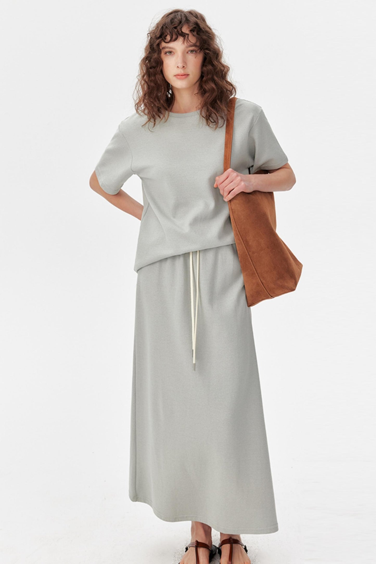 Grey Textured T-Shirt And Skirt Set-Up