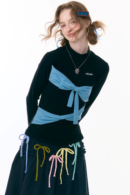 Retro Contrast Bow Knit Top