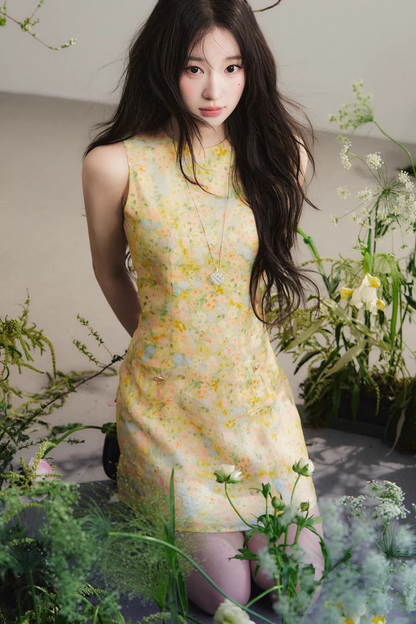 Bright Yellow Floral Linen Dress