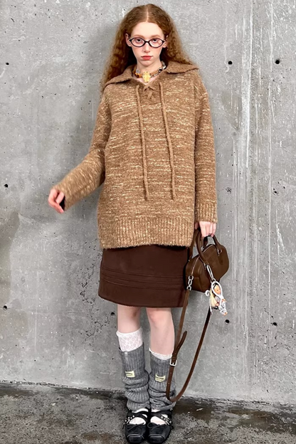 Lace-Up Turn-Down Collar Sweater Matching Set