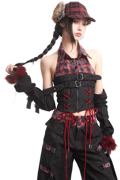 Plaid Patchwork Denim Set-Up