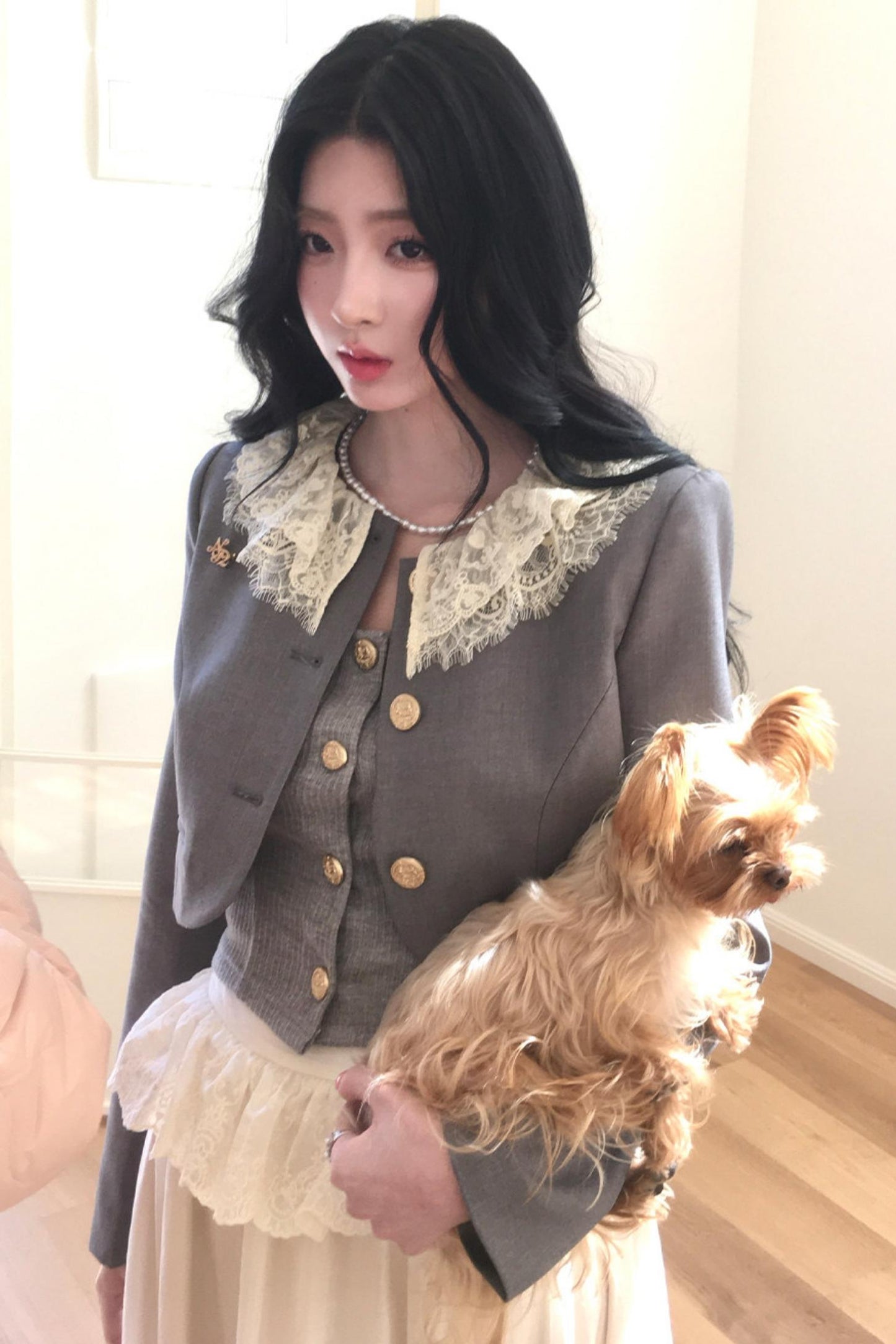 Lace Collar Gray Suit Set-Up