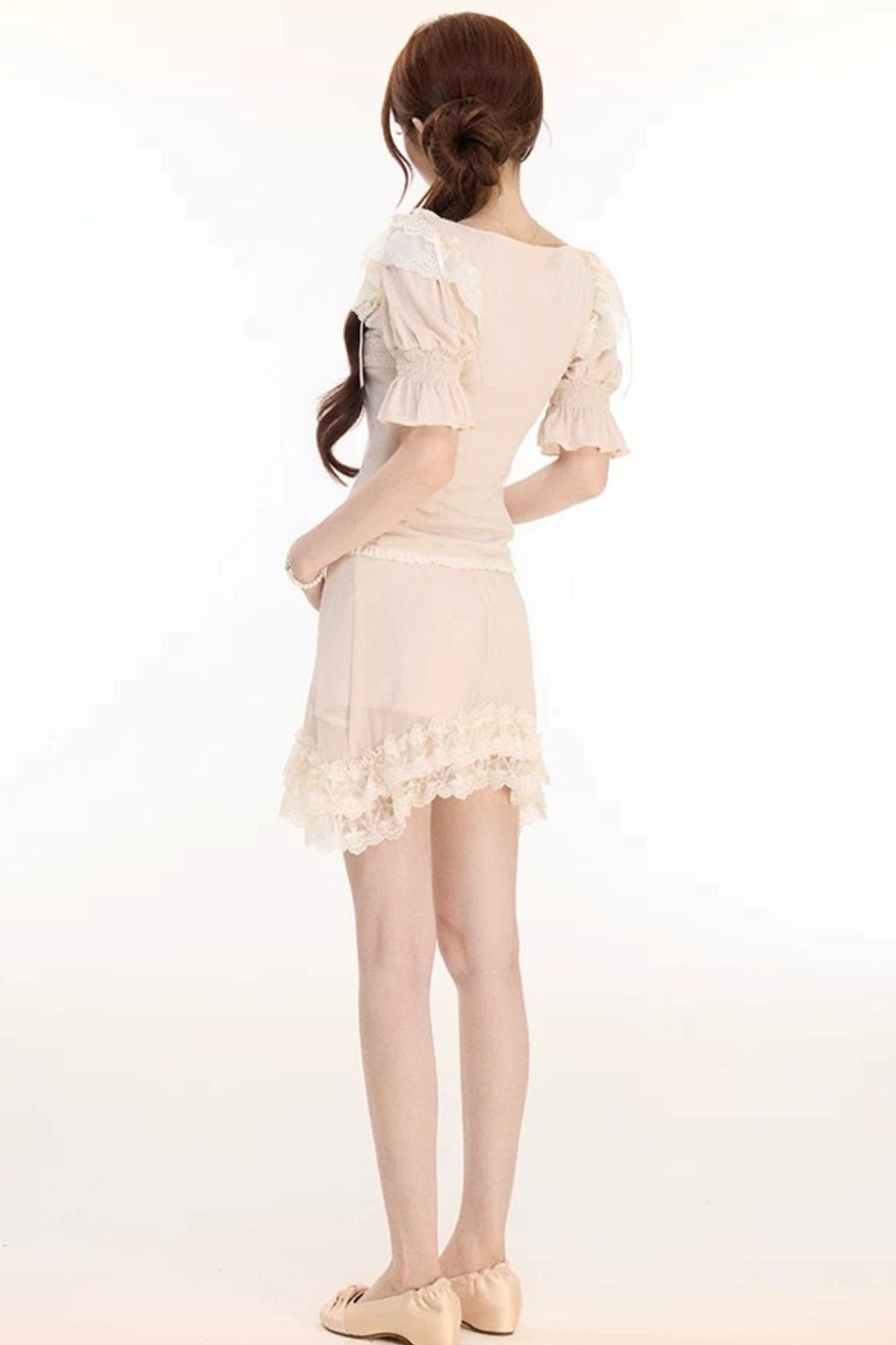 Floral Lace Lantern Sleeve Top and Chiffon Skirt Set-Up