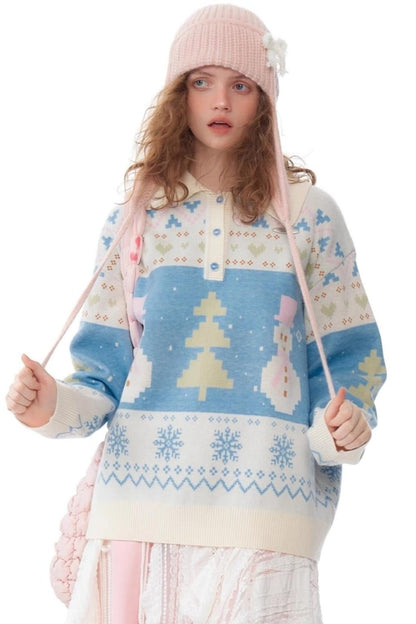 Retro Contrast Snowman Polo Neck Sweater