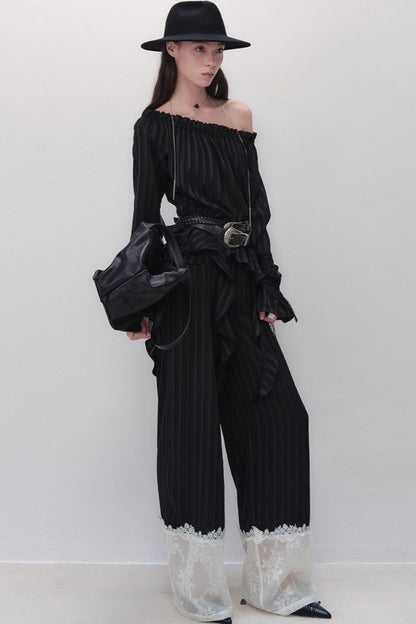 Flowing Tencel Embroidered Striped Straight-leg Pants
