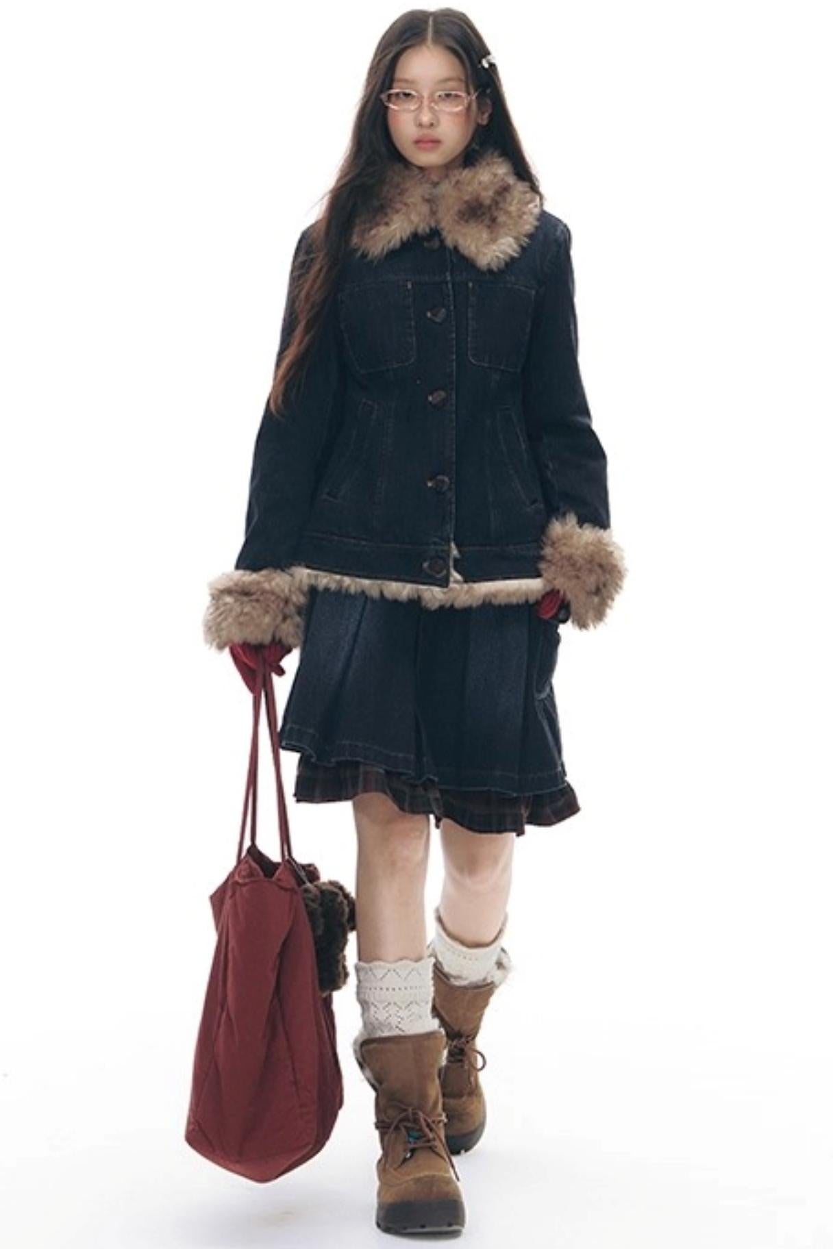 Patchwork Red Plaid Denim Skirt