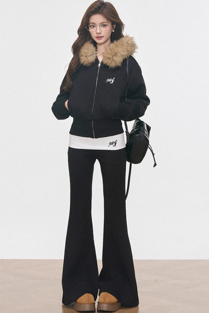 Fur Collar Sweatshirt Jacket Set-Up