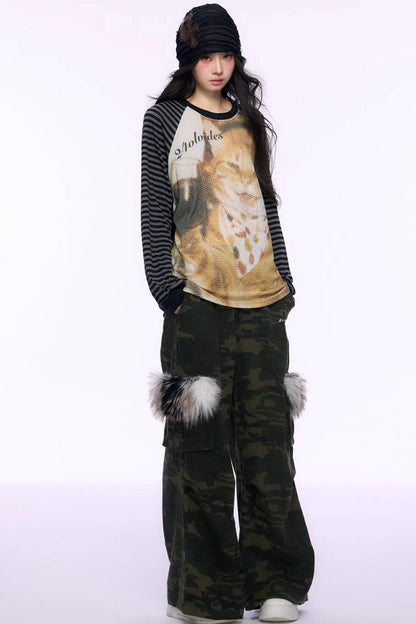 Cat Print Raglan Knit Top