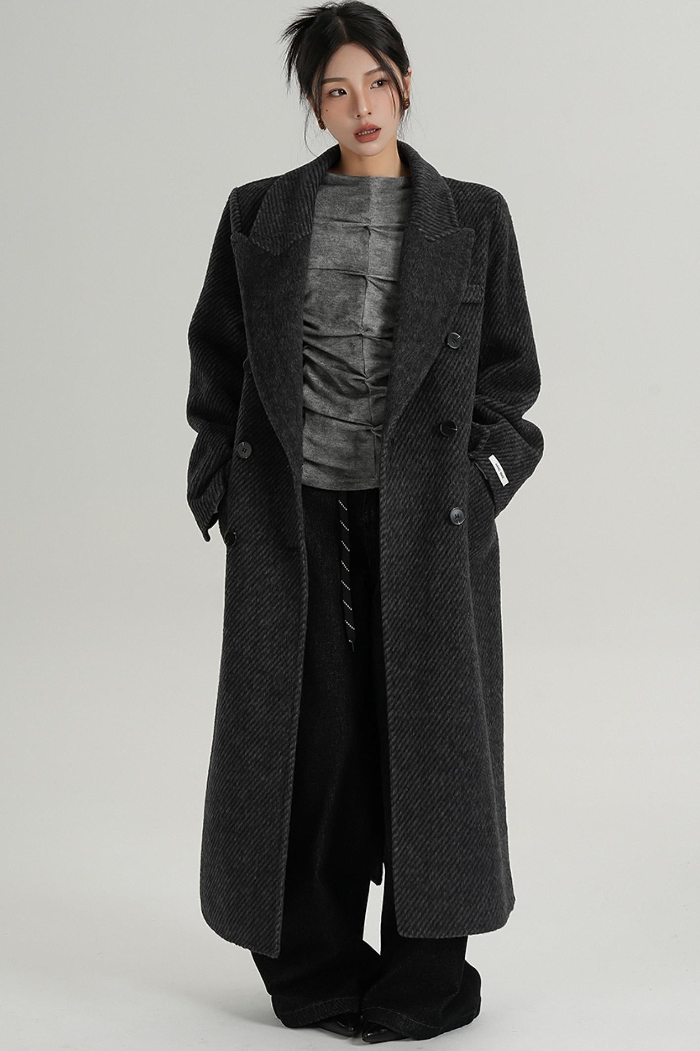 Long Double-Faced Tweed Wool Coat