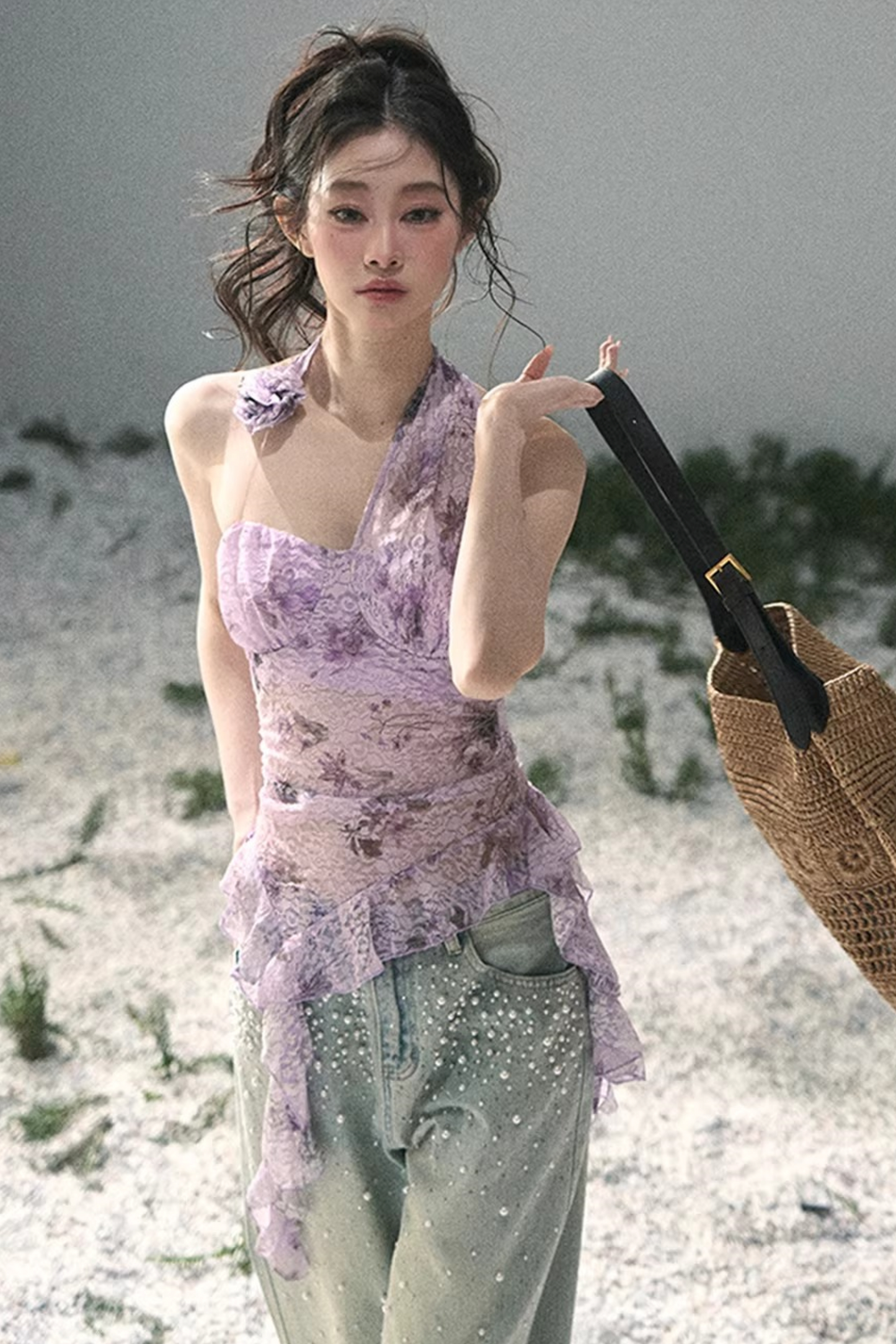 자주색 바우히니아 리본 탑