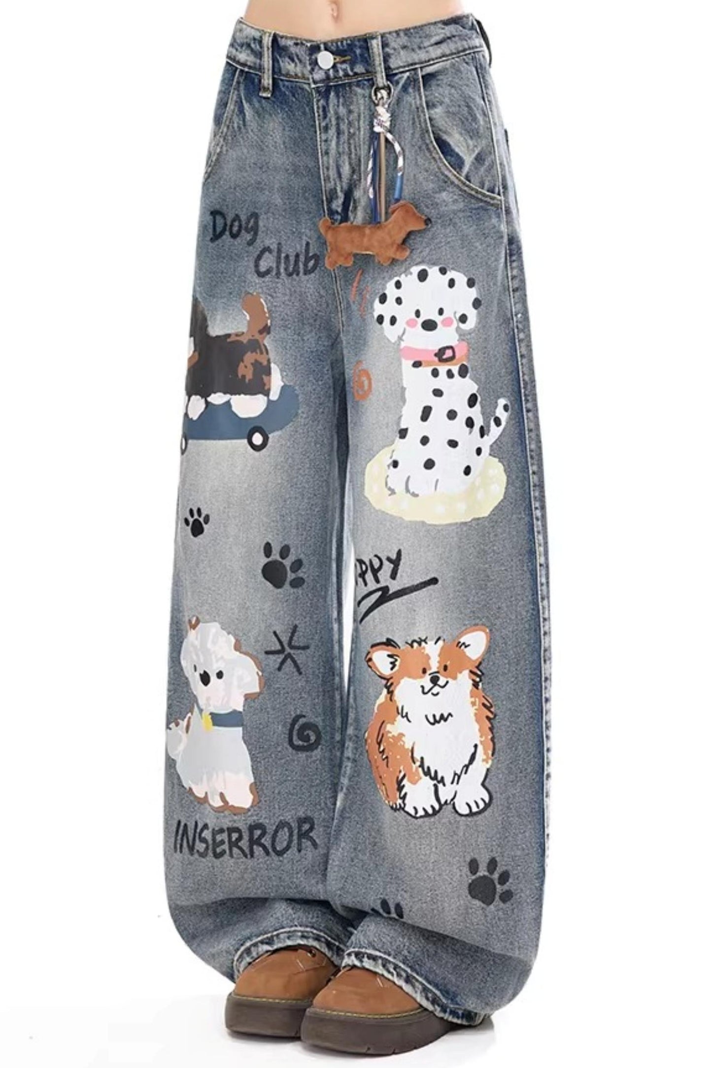 Retro Graffiti Dog Denim Pants