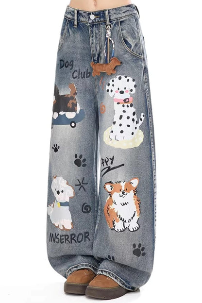 Retro Graffiti Dog Denim Pants