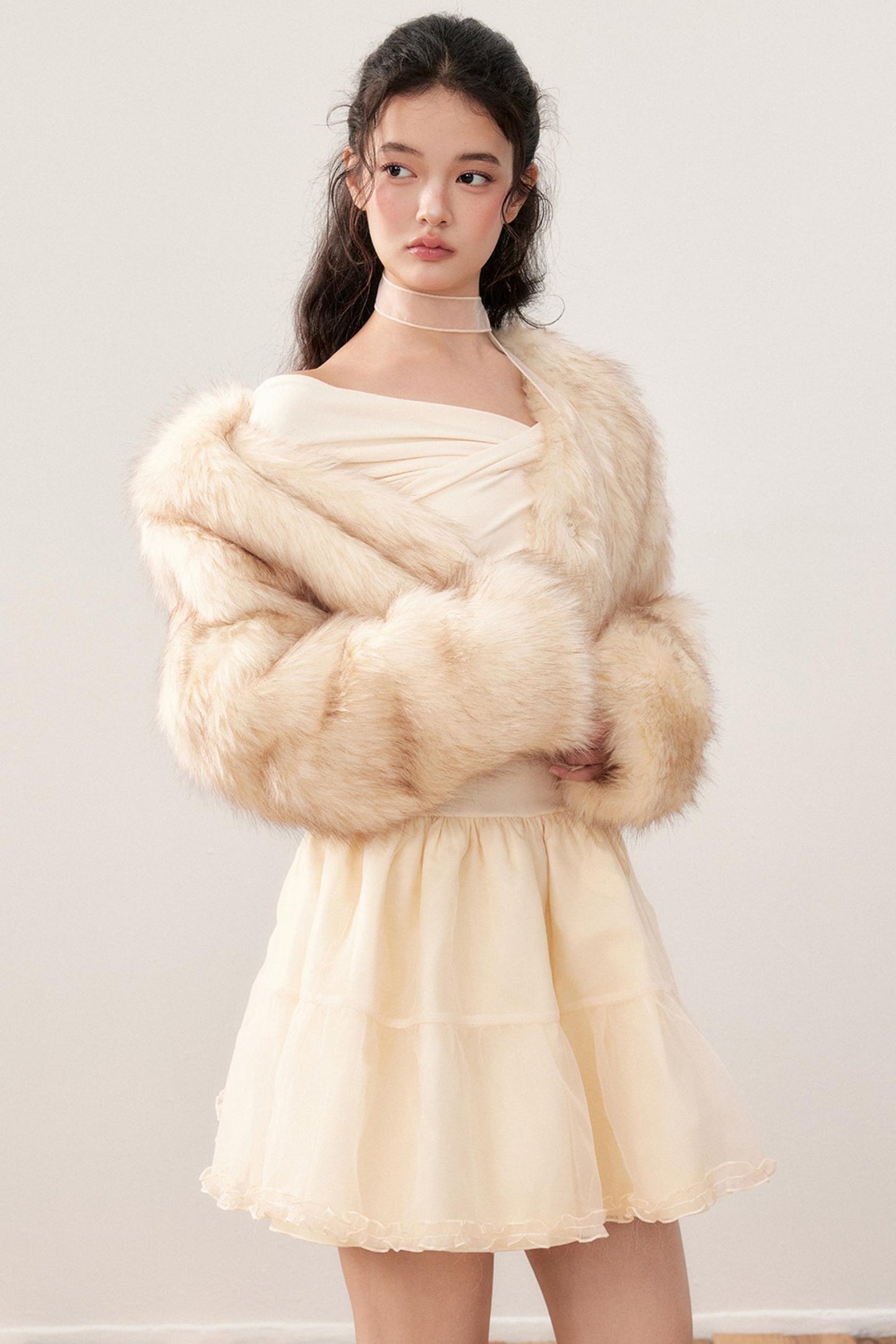 Cross-Line Shoulder Puffy Patchwork Dress