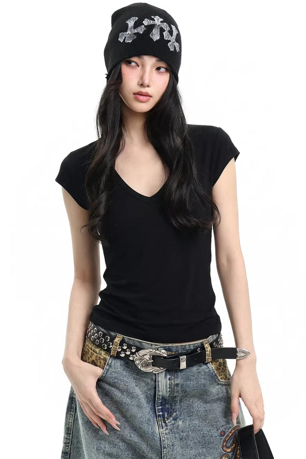 Black Slim-Fit V-Neck Top