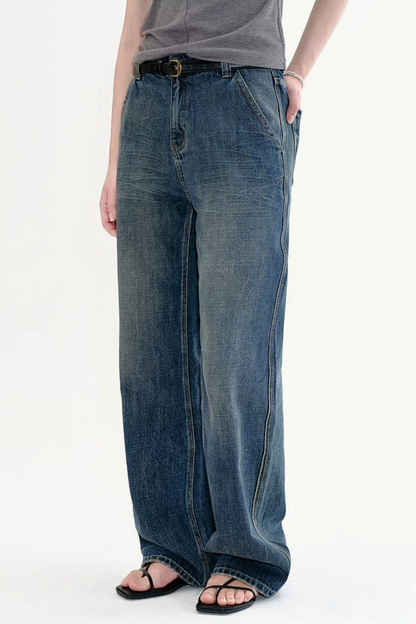 Jeans retrò a vita alta slavati a gamba larga
