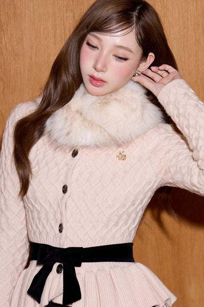 Fur Collar Knitted Cardigan Set