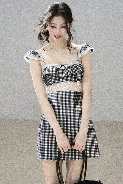 French Lace Plaid Summer Dress