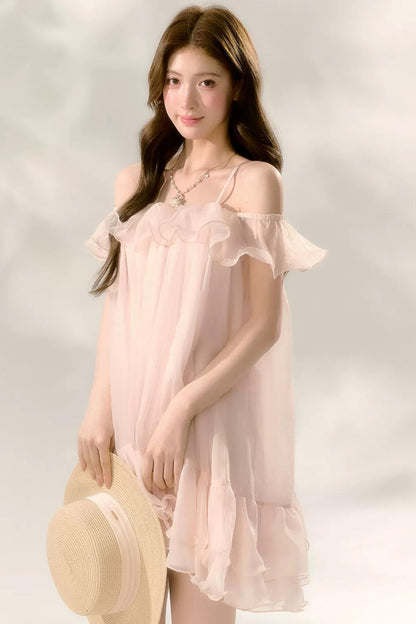 Polka Dot Ruffled Off-Shoulder Strap Mesh Dress