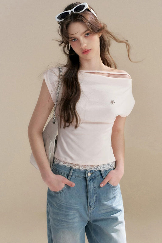 French Lace Off-Shoulder T-Shirt