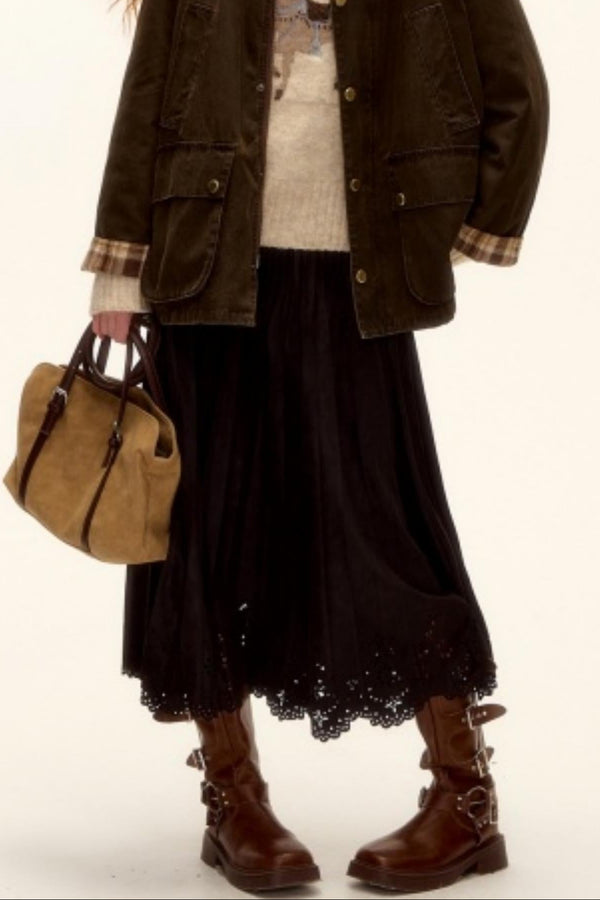 Pleated Suede Lace Skirt