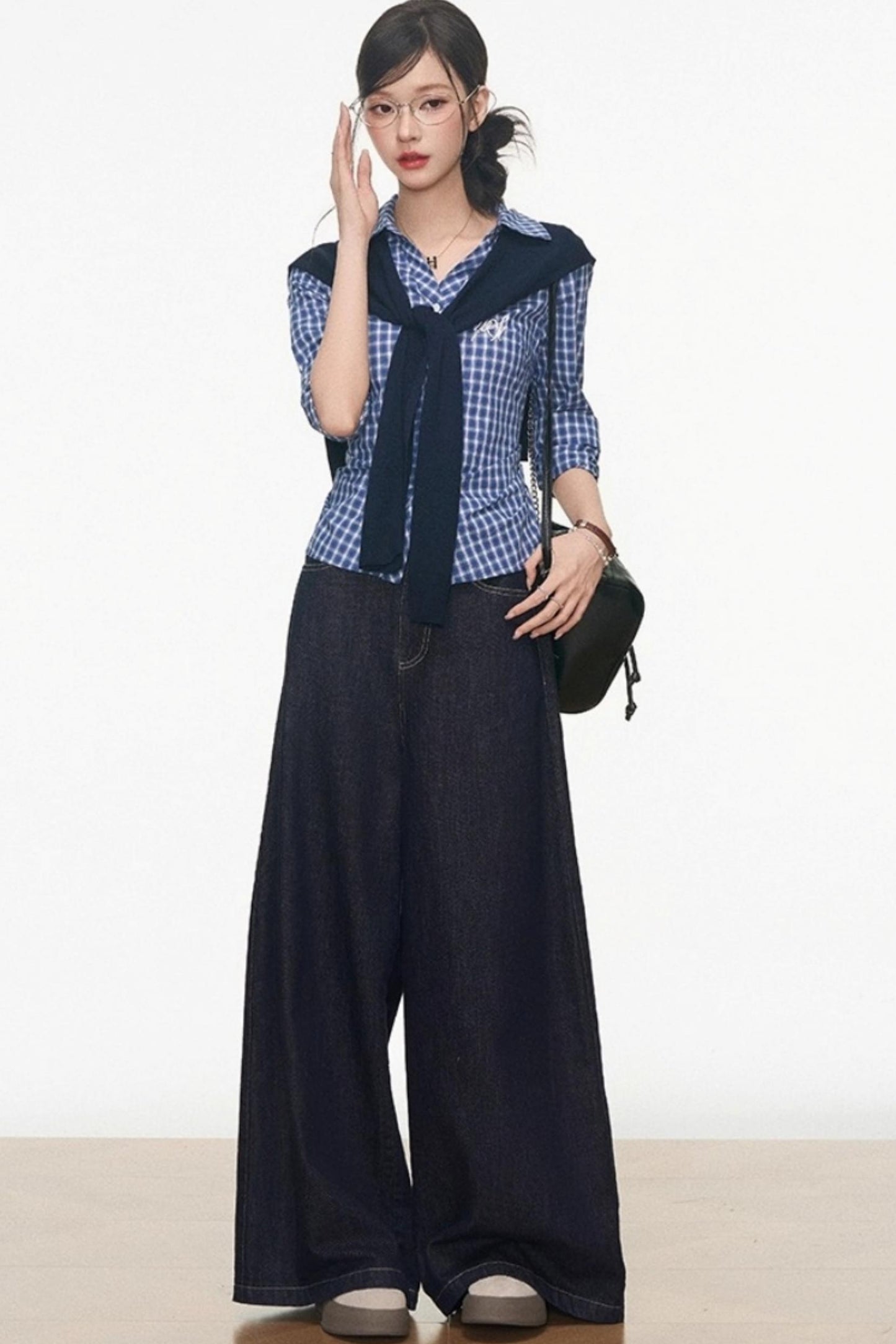 Slim Plaid Shirt & Short Skirt Set-Up