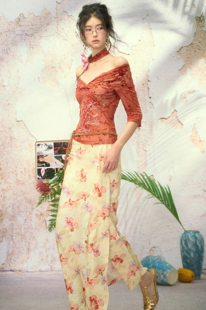 Rhinestone Lace Off-Shoulder Knit Top
