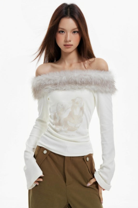 Off-Shoulder Fur Collar Slimming Sleeve Top