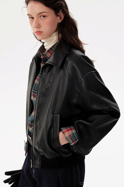 Black Lapel Short Leather Jacket