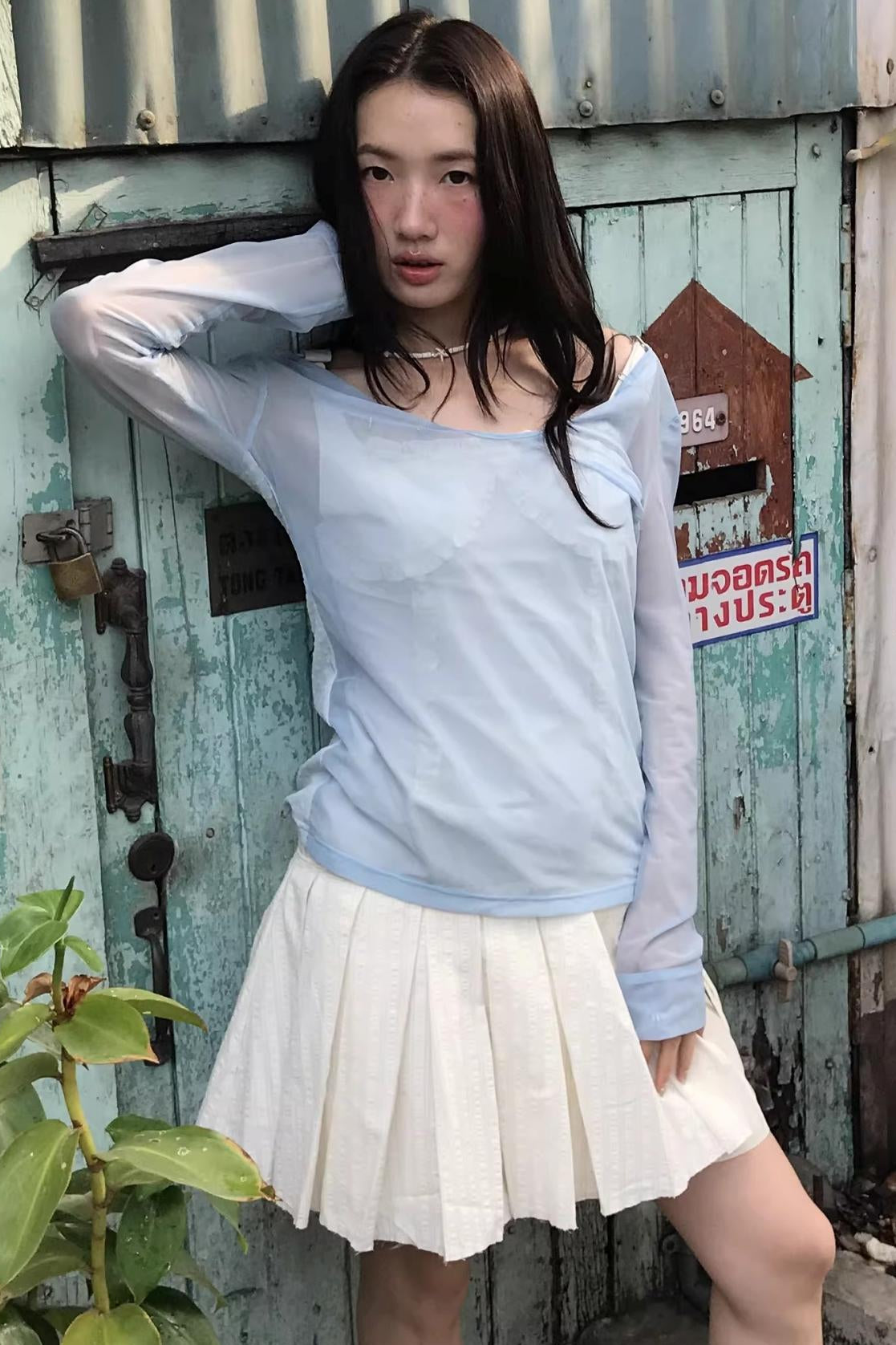 Two-Tone Sheer Mesh Blouse