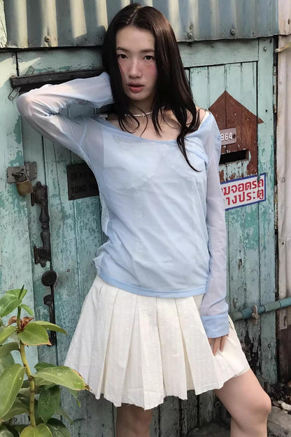 Two-Tone Sheer Mesh Blouse