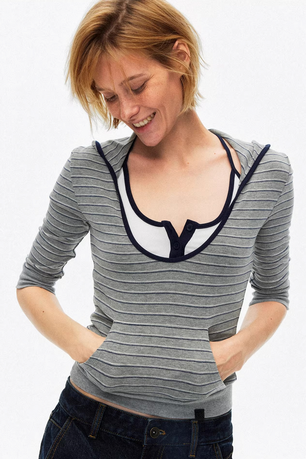 Color-Blocked Hooded Knitted Top