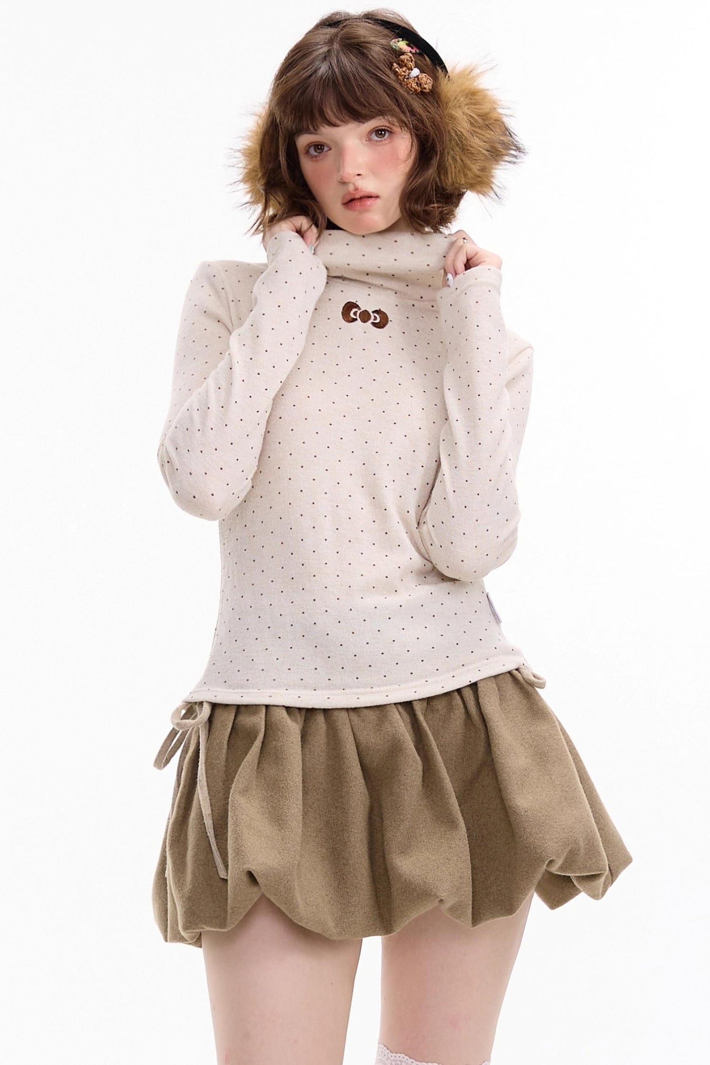 Retro Polka Dot High-Neck Long Sleeve T-Shirt