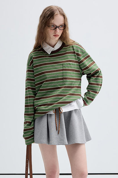 Contrast Stripe Retro Crew Neck Top Set-Up