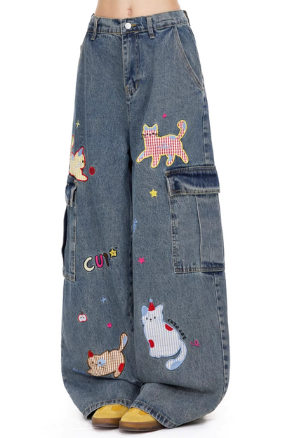 만화 자수 데님 바지