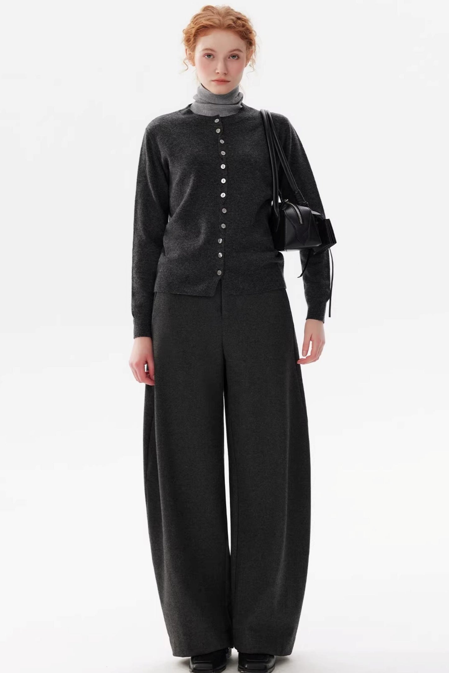 Gray Wool Crew Neck Cardigan