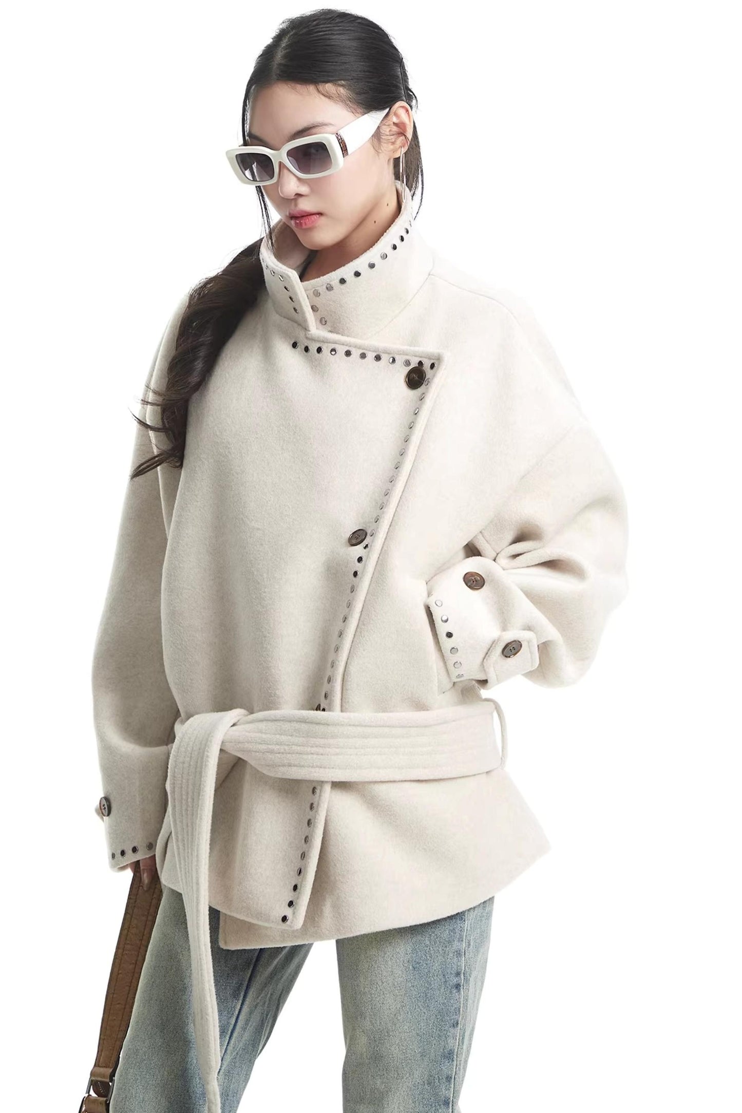 Off-White Woolen Stand-Up Collar Coat