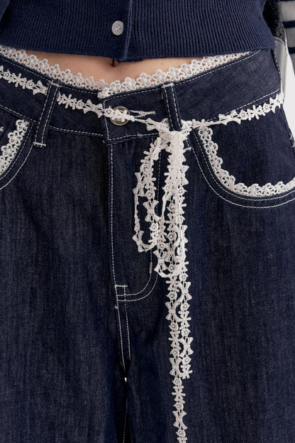 Lazy French Lace Wide-leg Denim Pants