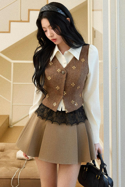 Embroidered Beaded Faux Two-Piece Shirt Set-Up