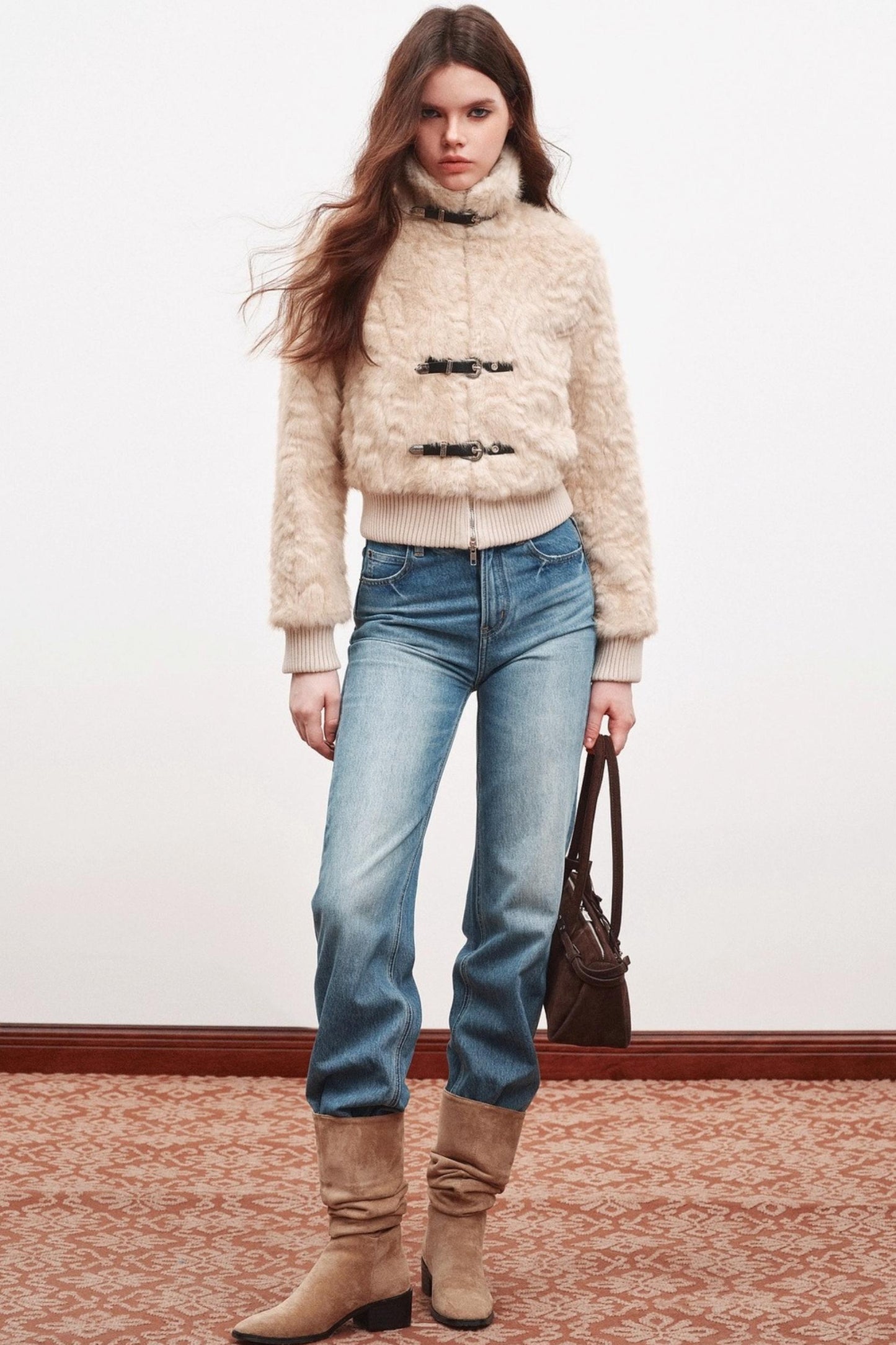 Leather Stand-Up Collar Woolen Short Jacket