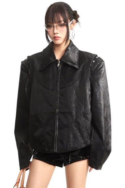 Retro Shoulder-Padded Leather Jacket