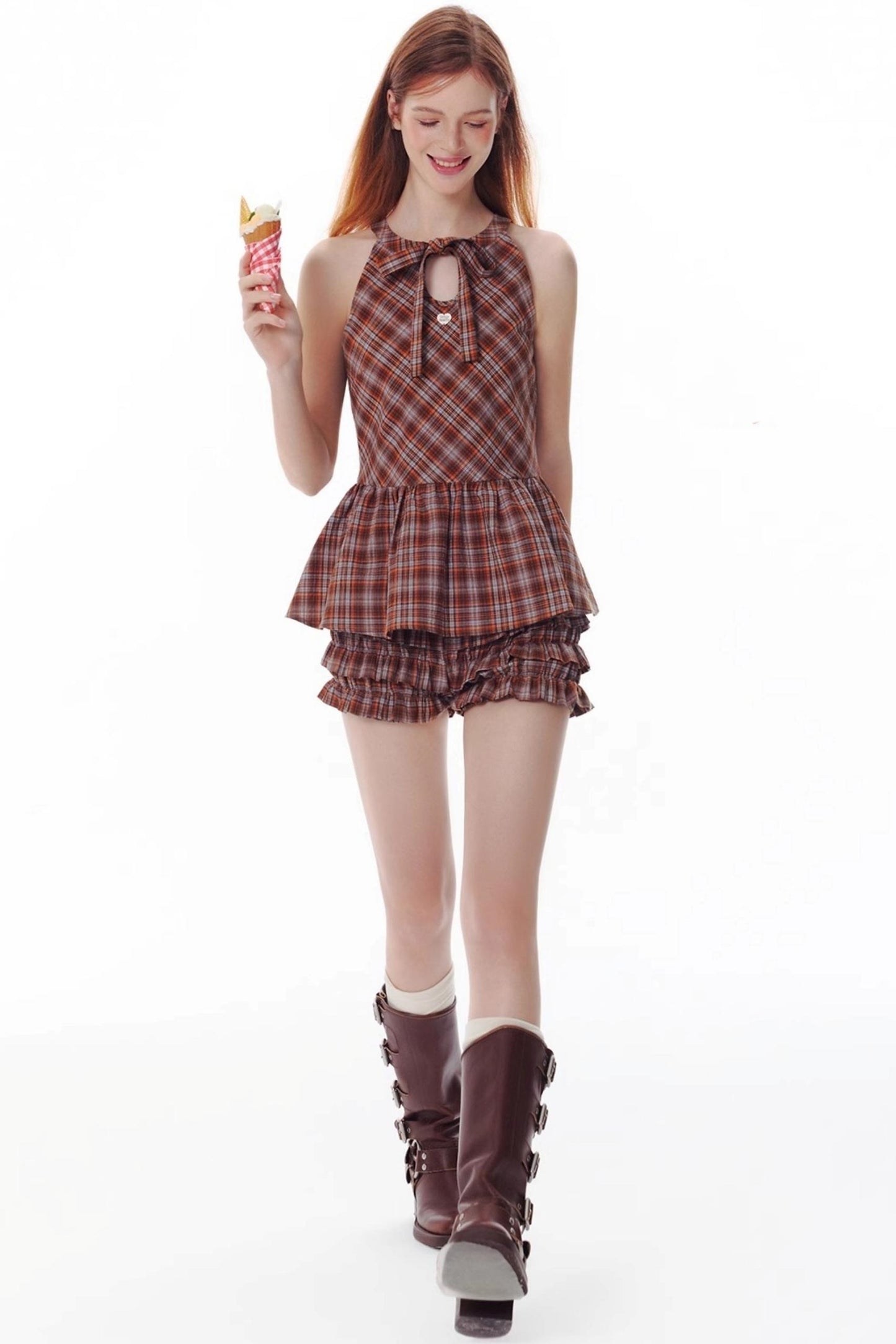 Salt Orange Plaid Ruffle Shorts