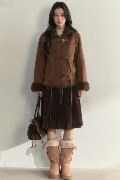 Retro Brown Corduroy Pleated Skirt