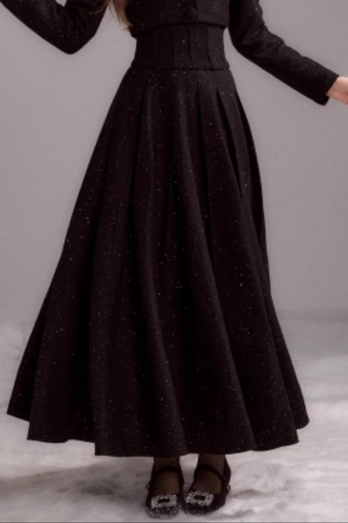 Thin Glitter Lapel Top & Pleated Skirt Set-Up