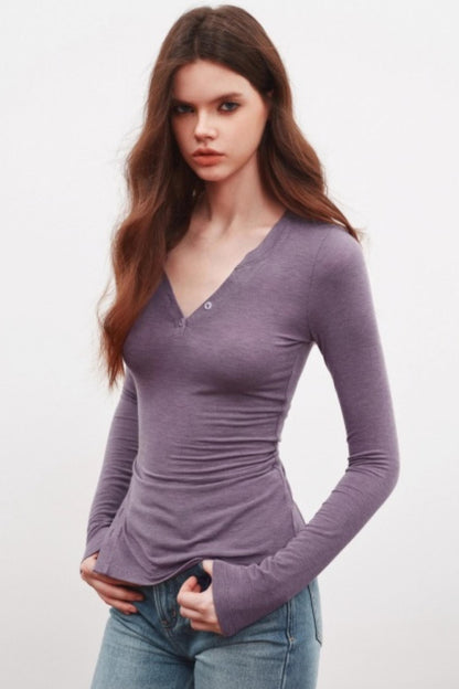 V-Neck High Slit Long Sleeve Slim Top