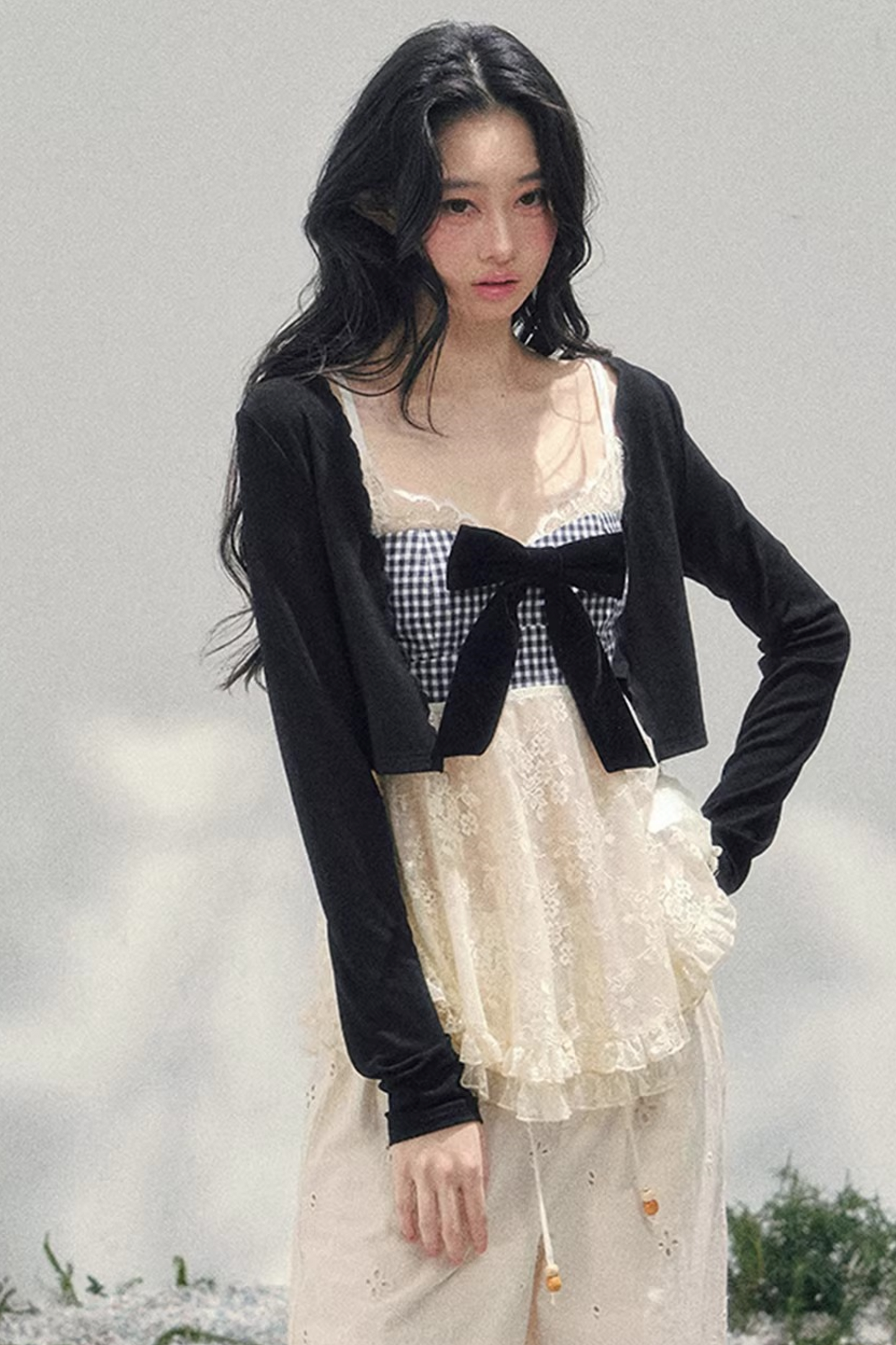 Bow Lace Plaid Top Set-Up