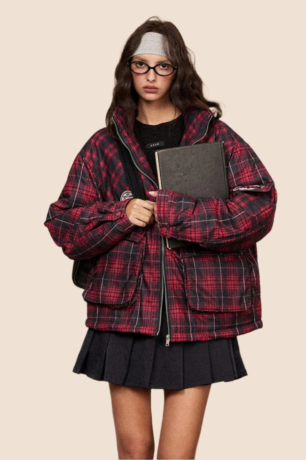 Loose Plaid Stand Collar Cotton Jacket