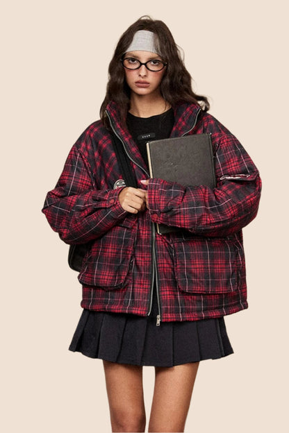 EZEK American Retro Stand Collar Red Plaid Cotton Jacket Baumwolljacke Women's Loose Lazy Thickened Cotton Jacket Breadwear Jacket