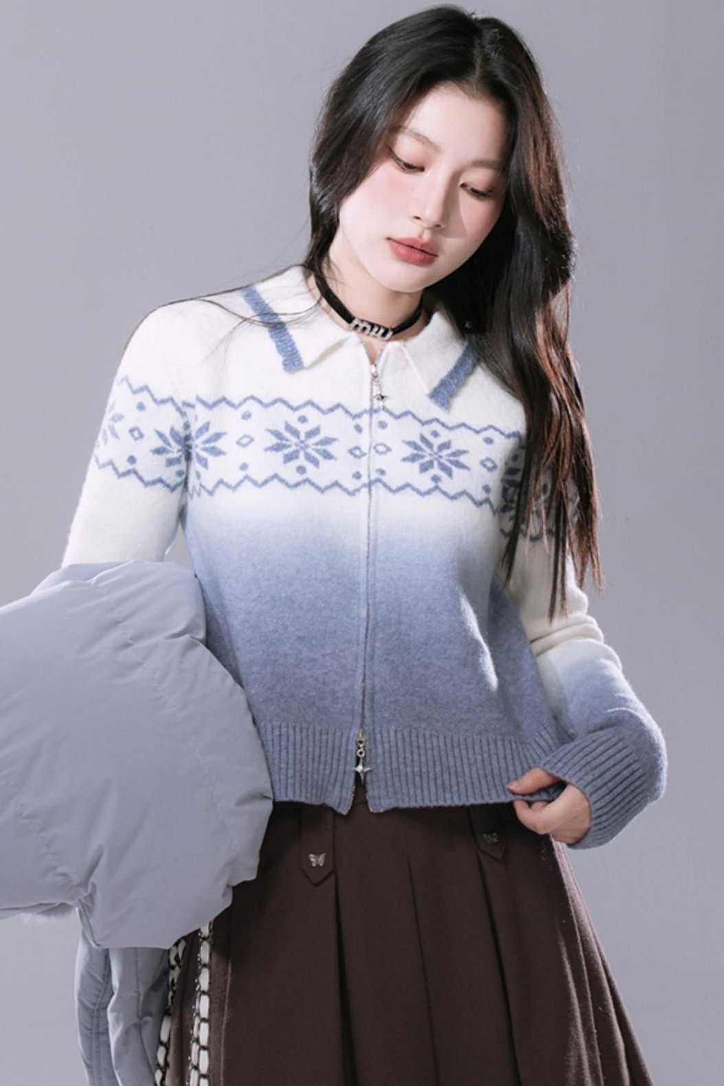 COTRE Romantic Fair Isle Blue Lagoon crushed ice, pollen gradient jacquard pattern hanging dye sweater