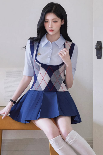 Light Blue Plaid Retro Vest Set-Up