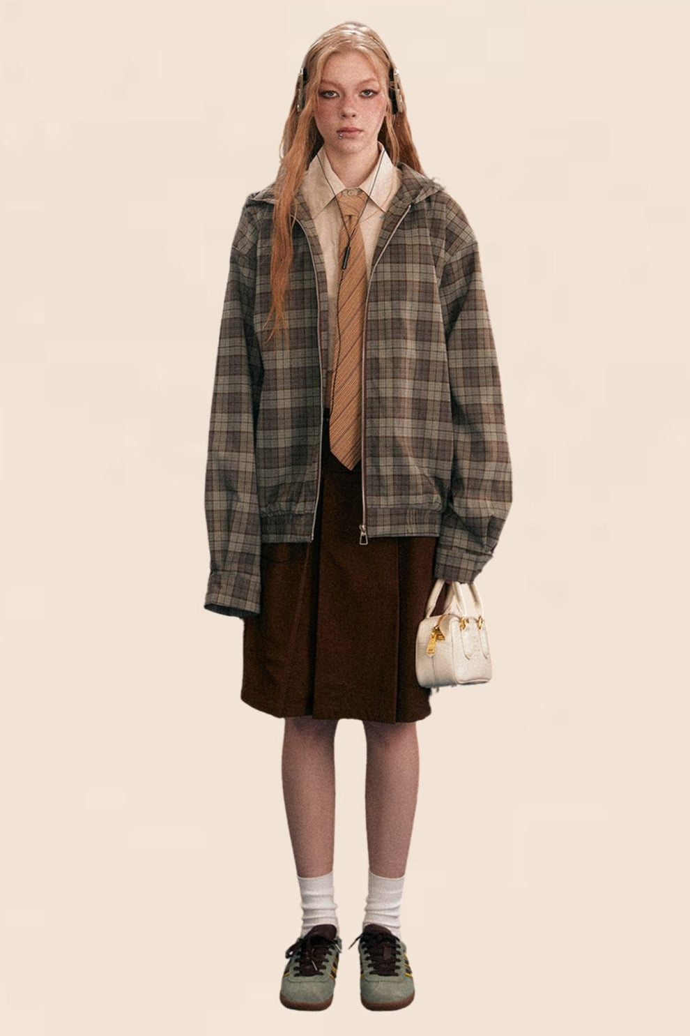 Street British Style Plaid Contrast Hooded Collar Outerwear